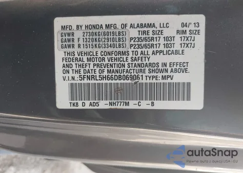 2013 Honda Odyssey Ex-L z USA, uszkodzony, nr VIN 5FNRL5H66DB069061